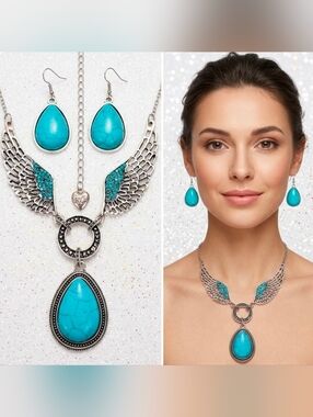 Silver Plated blue crystal turquoise stone jewelry set